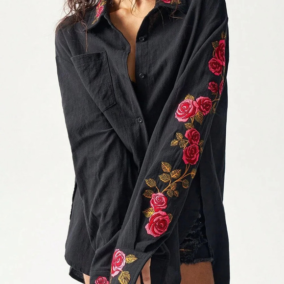 Black Casual Women's Loose Woven Asymmetrical Hem Long Sleeve Long Shirt - Picture 7 of 7